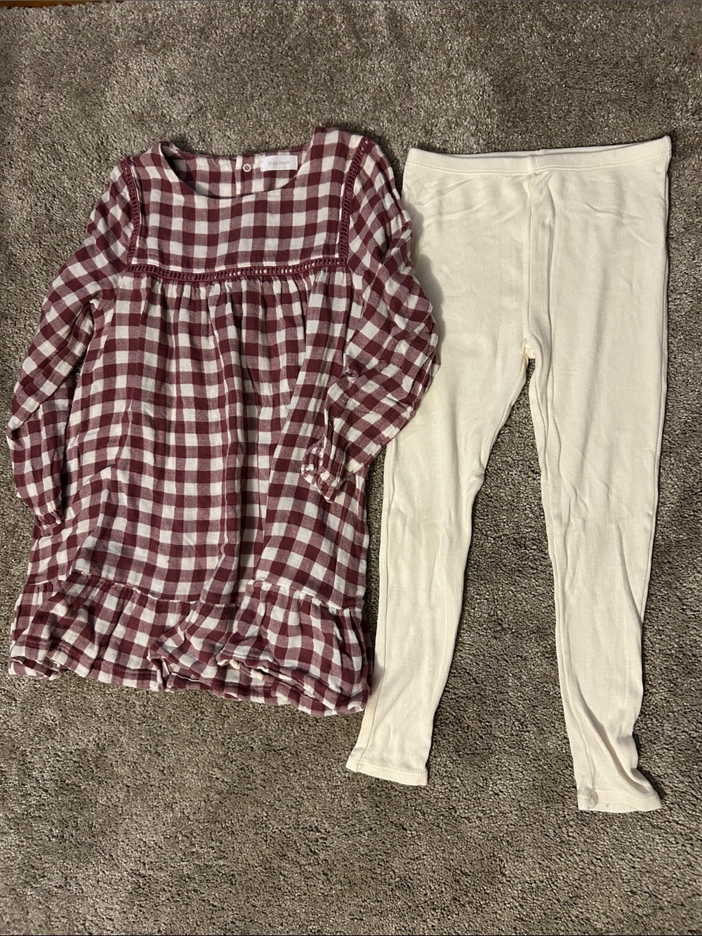 Girls Burgundy Gingham Tunic with Cream Ribbed Leggings